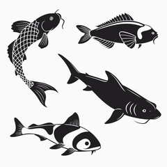 Stylized Silhouettes of Four Different Fish carp clownfish