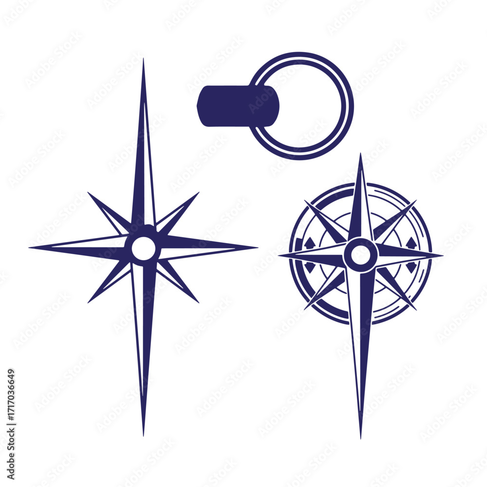 Poster simple vector compass rose elements set in navy blue for navigation and design