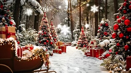 Magical Winter Forest Christmas Background with Twinkling Lights and Dramatic Snowfall - Powered by Adobe