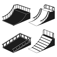Variety of skate park ramps and obstacles in silhouette