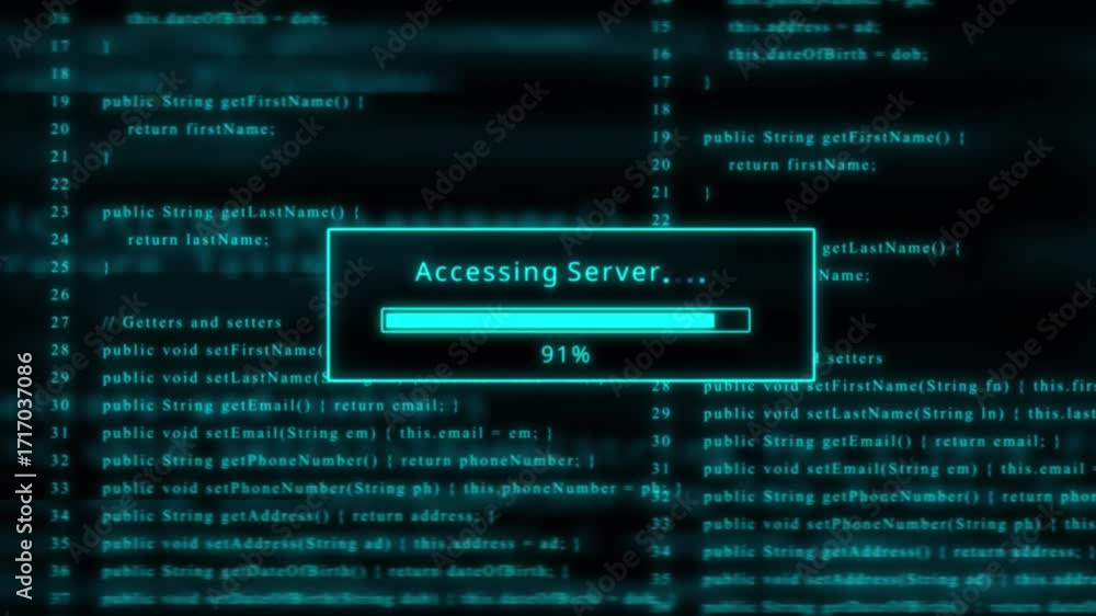 Poster glowing cyan progress bar for server access at 100% with code backdrop computer