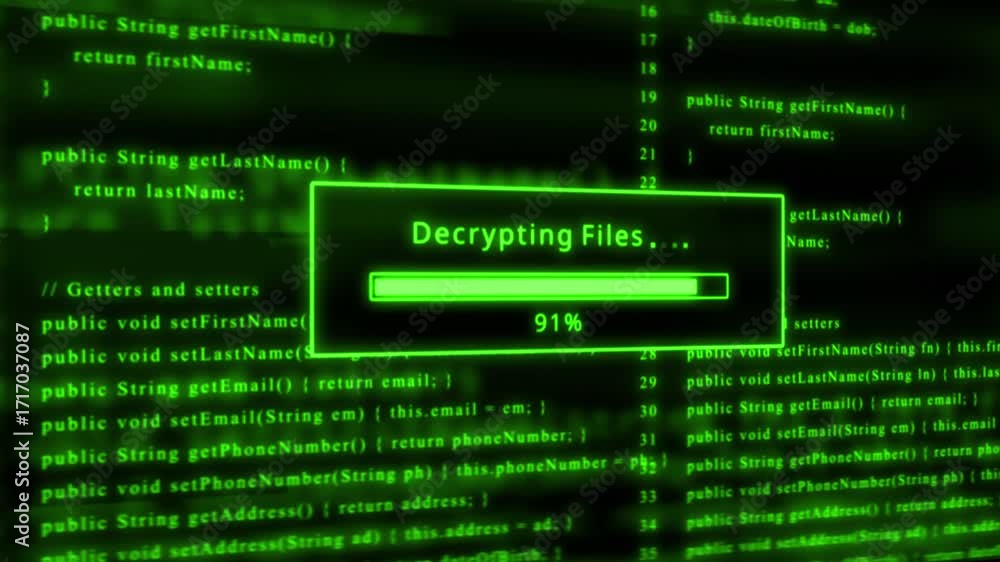 Poster green glowing progress bar shows 100% percent of files decrypting on a background of computer code p