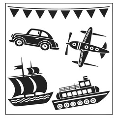 Vintage Transportation Icons with Bunting Black Silhouette Keywords: car, airplane, train, ship