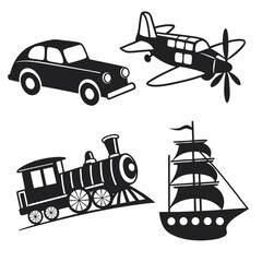 Vintage Transportation Icons Set Black Silhouette Keywords: car, airplane, train, ship, sailboat