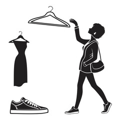 Woman Examining a Dress and Hanger illustration