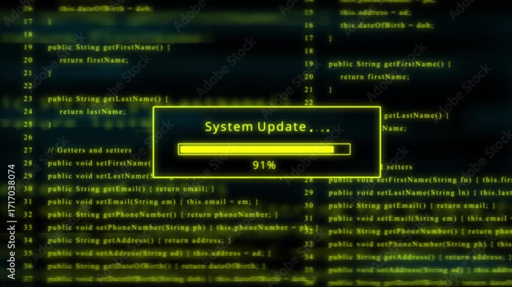 Poster yellow glowing progress bar shows 100% percent of system update on a background of computer code pro