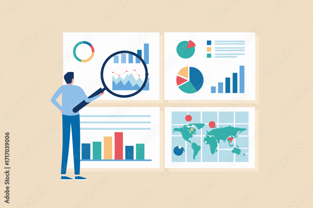 Poster man examining charts and graphs with a magnifying glass analyzing global data and business performan