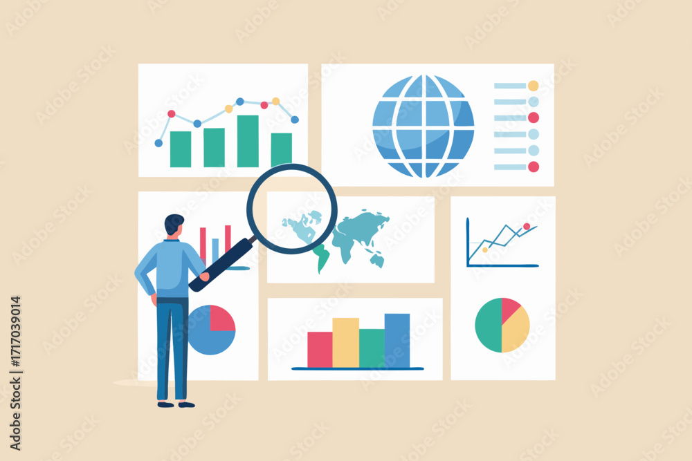 Poster man analyzing global data and financial charts with magnifying glass on world map and graphs