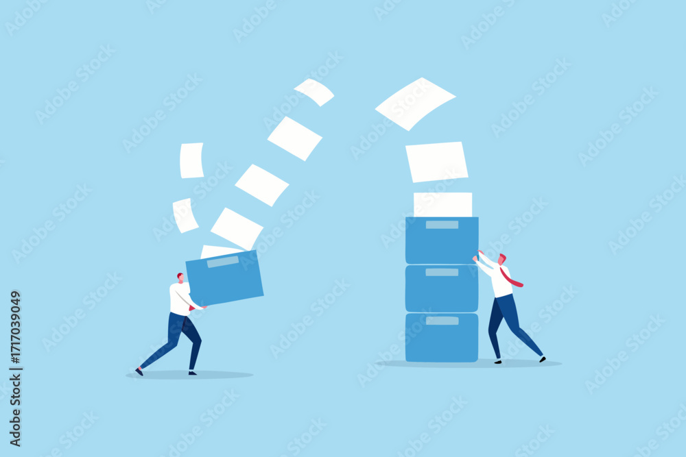 Poster business professionals organizing and stacking documents in blue boxes for efficient storage and dat