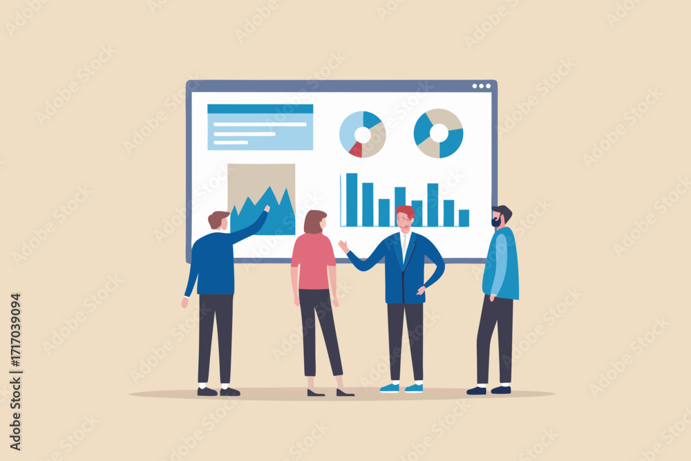 Poster diverse business team collaborating and analyzing data charts on a large screen during a meeting