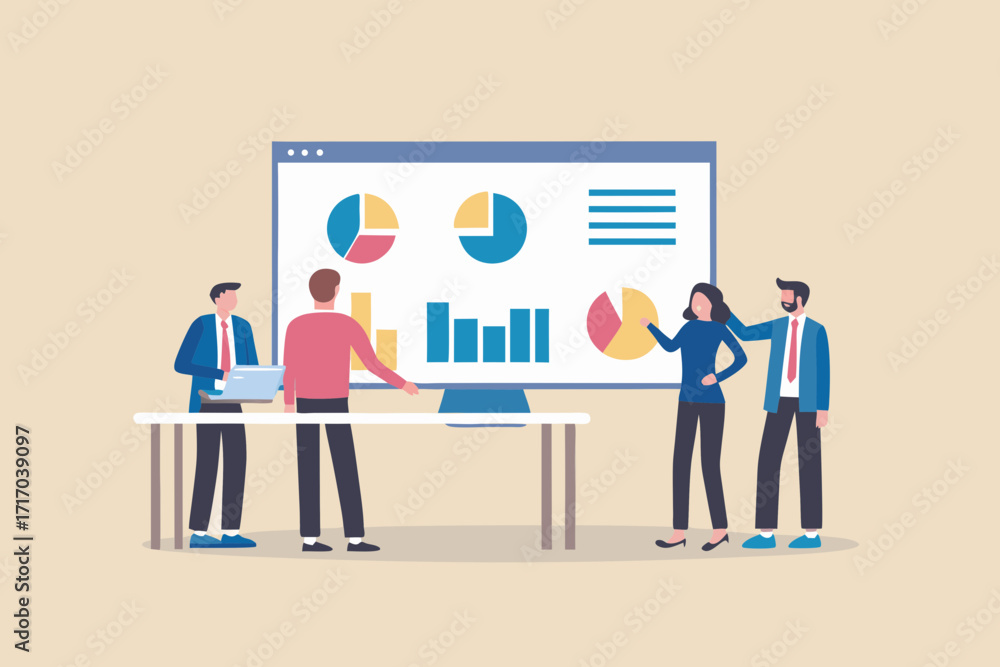 Poster diverse business team collaborating around a computer screen displaying financial charts and graphs 