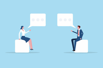 Two business professionals in conversation with empty speech bubbles above their heads on a light blue background