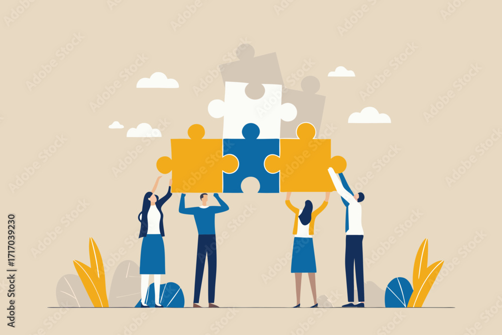 Poster diverse team of professionals collaborating to assemble a large jigsaw puzzle symbolizing unity and 