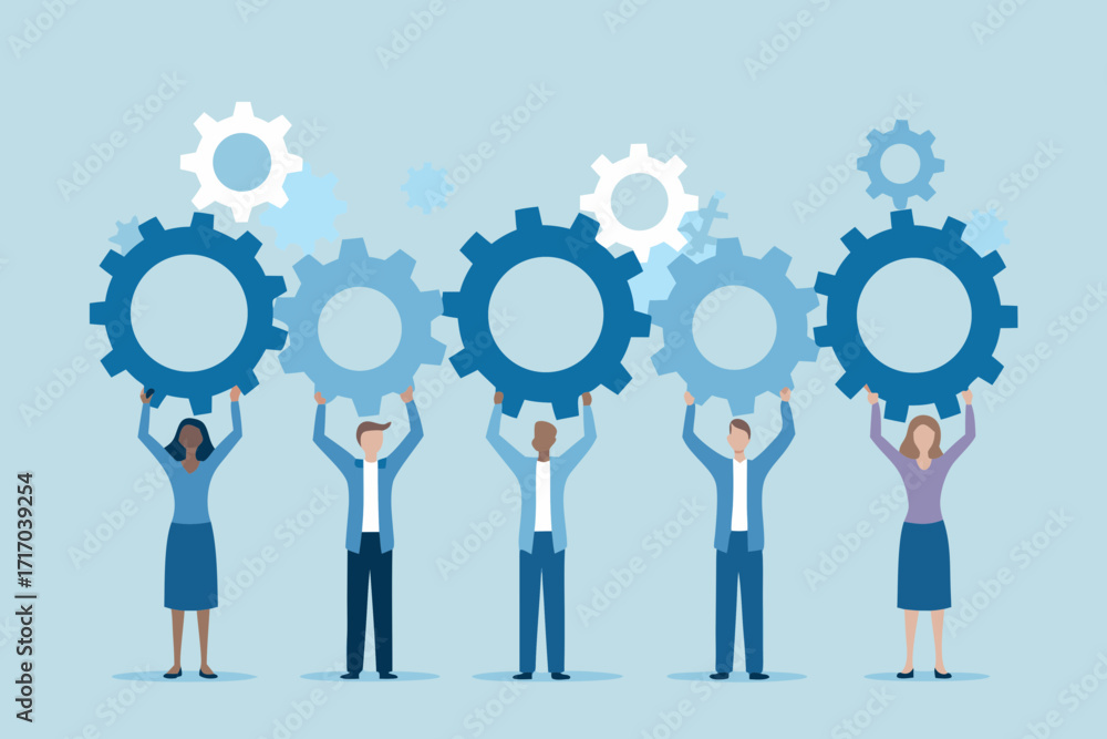 Aufkleber diverse team of people holding up interconnected gears symbolizing collaboration and teamwork in bus