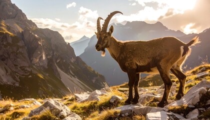 Obraz premium Majestic mountain goat in golden light