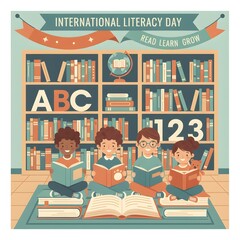 Happy diverse children sitting on the floor reading books together, celebrating the importance of education, knowledge, and growth