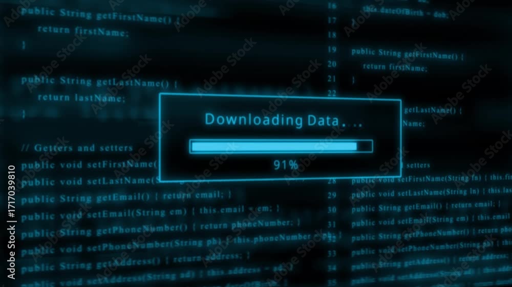 Aufkleber computer screen showing downloading data progress bar with blue code in background keywords: compute