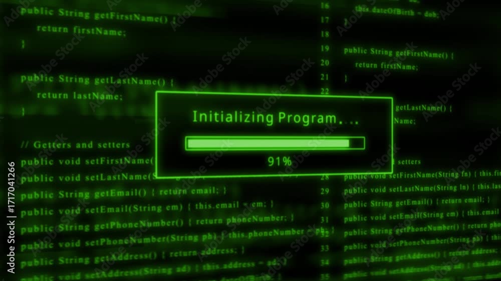 Poster green progress bar initializing program on a dark digital code background technology data
