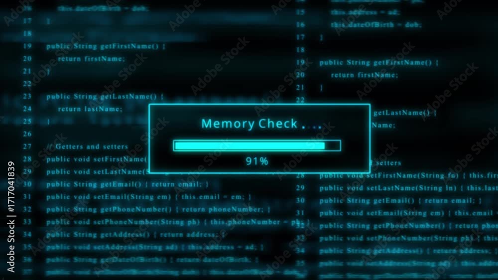 Poster cyan progress bar for memory check amidst blue abstract programming code computer technology