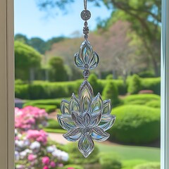 Crystal lotus ornament hangs from window, garden view