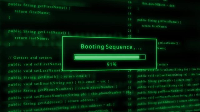 Green glowing progress bar for booting sequence with scrolling code programming computer