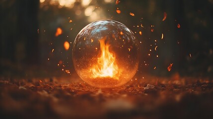 Crystal sphere, fiery flame, autumnal forest