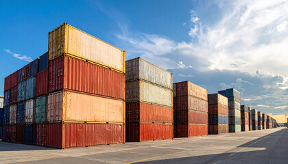 Stacked shipping containers in logistic warehouse yard
