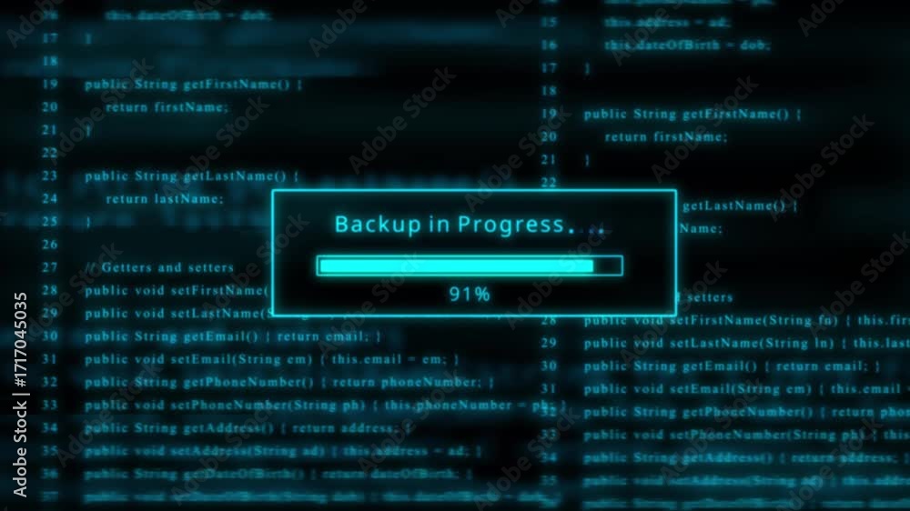 Poster cyan glowing progress bar showing backup in progress at 100% percent with scrolling code in backgrou