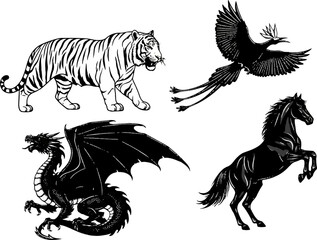Vector silhouette of tiger, bird, and horse in dynamic poses