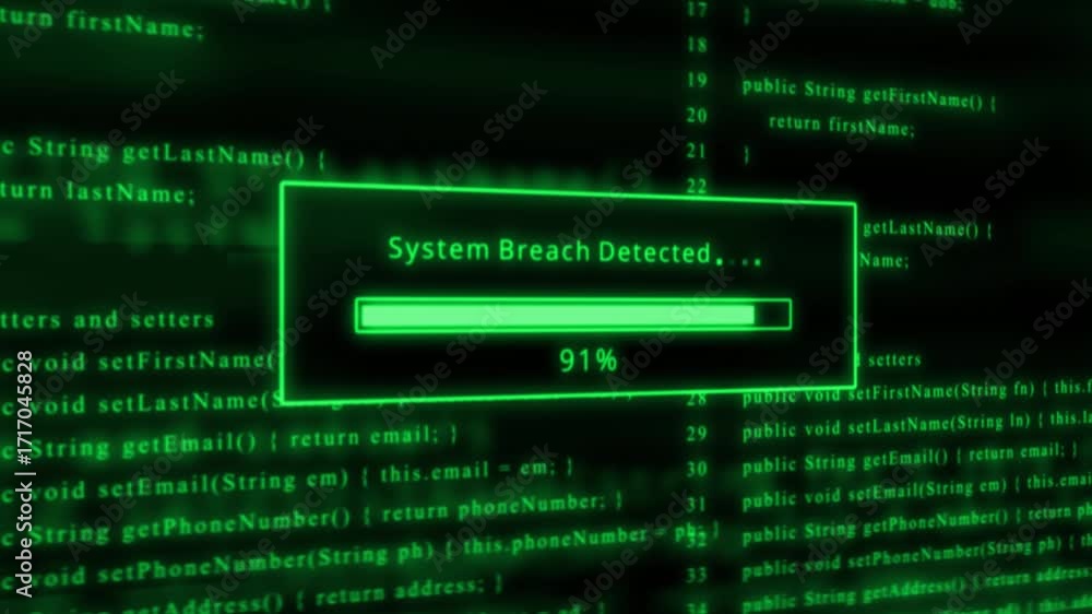 Poster green glowing progress bar showing system breach detected at 59 percent with scrolling code in backg
