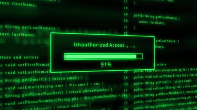 Unauthorized Access Loading Bar in Green Neon Glow Over Computer Code cybersecurity hacking