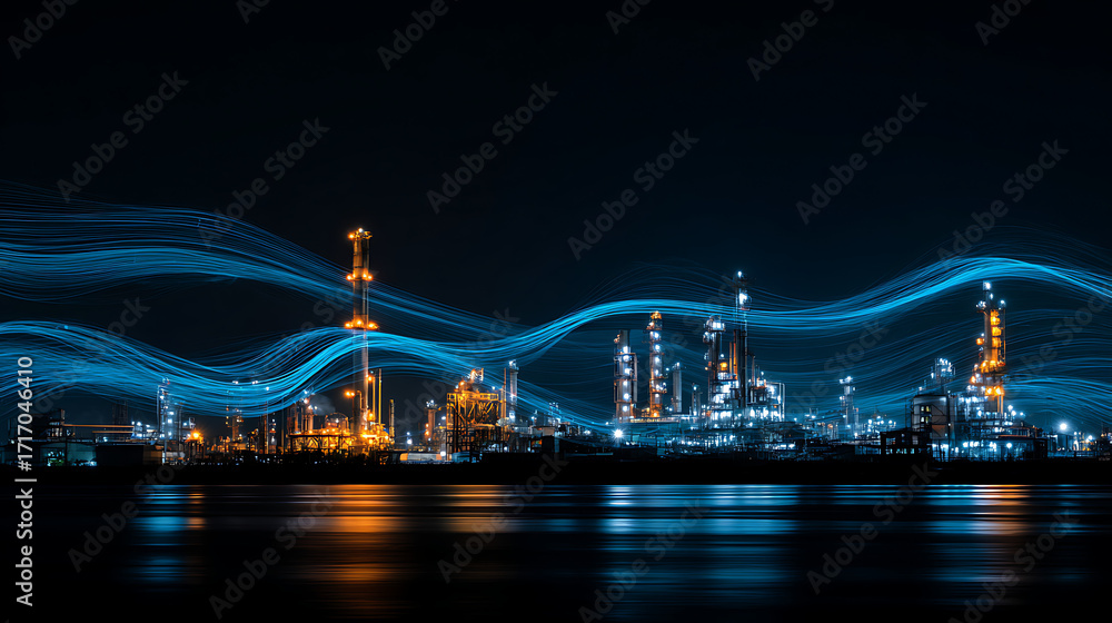 Poster a nighttime scene where every factory emits beams of flowing data