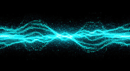 Electric Cyan Stream Binary Code Digital Data Wave on Black Background for Visualization, Network, and Big Data