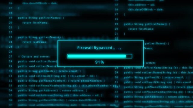 Firewall Bypassed Loading Bar with Cyan Glow on Abstract Code Background cybersecurity hacking