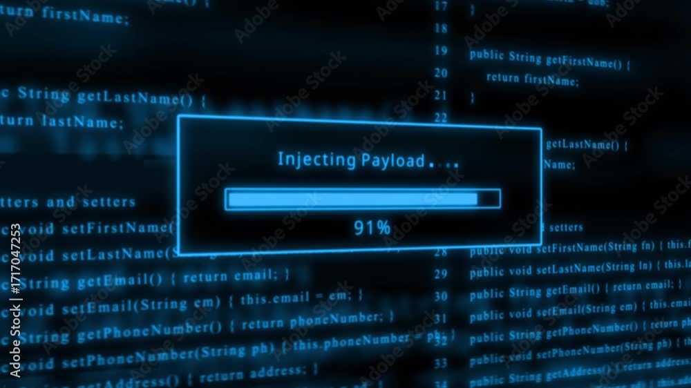 Poster blue glowing progress bar shows 100% injecting payload on a dark background with code loading bar