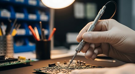 Obraz premium Close-up of a technician's gloved hands using a precision screwdriver to repair a circuit board under a bright lamp.