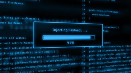 Blue glowing progress bar shows 100%  injecting payload on a dark background with code loading bar - Powered by Adobe