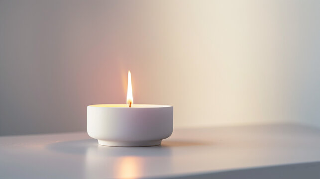 A lit candle on a shelf casts a warm glow