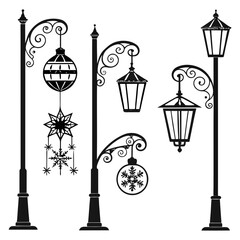 Decorative street lamps with Christmas baubles and snowflakes Keywords: street lamp, lamppost