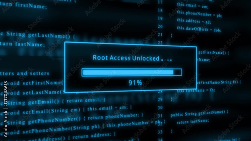 Poster blue progress bar shows 100% of root access unlocked on a dark background with scrolling code keywor