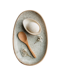 Ceramic Tray Dessert Mochi Spoon Cozy Clean Style Isolated on transparent background, Ceramic Tray Dessert Cozy Home Cafe Style, PNG die-cut for advertising.
