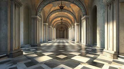 Obraz premium Ornate arched hallway with columns and patterned floor, illuminated by sunlight