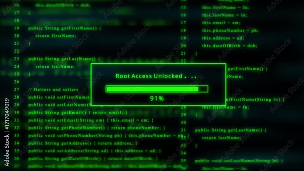 Poster green progress bar shows 100% of root access unlocked on a dark background with scrolling code keywo