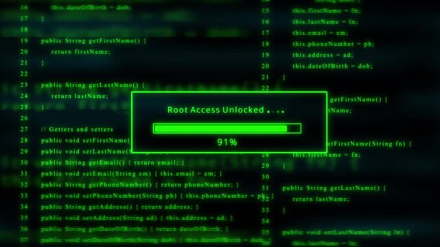 Green progress bar shows 100%  of root access unlocked on a dark background with scrolling code Keywords: code, programming, hacking, security, data, access, root access, progress bar, loading