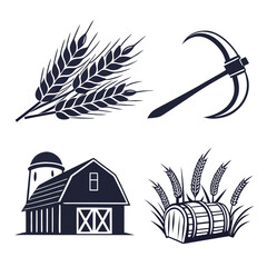 Farm icons wheat barn scythe barrel Keywords: farm, agriculture, wheat, grain, barn, building