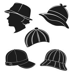 Five black and white illustrations of hats and a silhouette head Keywords: hat, cap, fedora