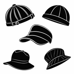 Five black and white silhouette illustrations of various hats Keywords: hat, cap, fedora, bucket