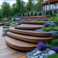 Curved wooden deck steps descending a landscaped hillside, surrounded by greenery and stones.  Landscaped, outdoor, patio,  steps,  garden,  nature,  wood,  design,  modern,  hillside