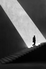 Ascending Shadow - Solitary Figure Climbing Stairs Bathed in Dramatic Light, Black and White.