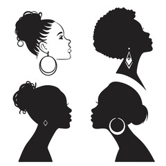 Four black silhouette profiles of women with diverse hairstyles and earrings